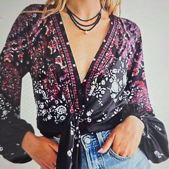 Free People Black and Pink Tie Front Blouse - Picture 1 of 9